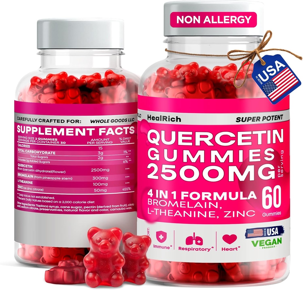 Quercetin Gummies - 2500MG Querbetin cu Bromelain L-teanină & Zinc - Supliment pur pentru sistemul imunitar Lung și suport alergie - Booster Imunitate Suplimente Vegan pentru copii și adulți - Made in US