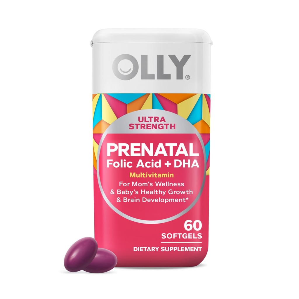 OLLY Ultra Forţă Prenatal Multivitamine Softgels, Susţine o creştere sănătoasă, Dezvoltarea creierului, Fier, Acid folic, DHA, Vitamine C, E, 30 Day Supply-60 Conte