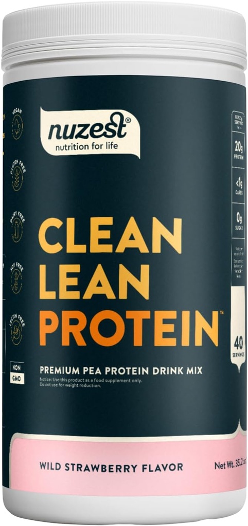 Nuzest - Pudră de proteine din mazăre - Proteină din lean curată, praf de proteine pe bază de plante din Vegan Premium, lactate fără gluten, fără OMG-uri, îndulcit natural, căpșuni sălbatice, 40 Serviri, 2.2 lb