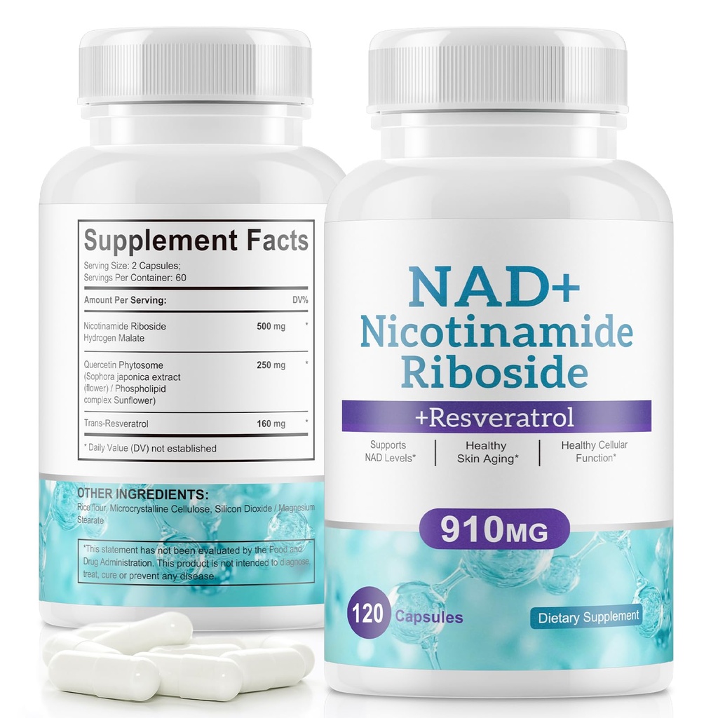 NAD. Supliment alternativ - Liposomal Nicotinamidă Ribozidă - Resveratrol & Querbetin - Suplimente NAD de înaltă puritate pentru anti-Aging, Focus, Energie 120 Capsule
