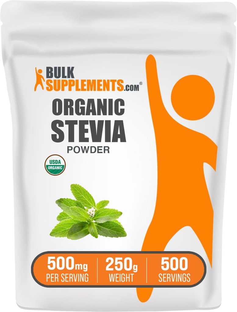 BulkSupplements.com Organic Stevia Powder - Sweetener Pure, Sursate de Stevia Frunze, Suplimentul Herbal - Vegan & Gluten gratuit, 500 mg pe Serving, 250g (8.8 oz) (Pachet de 1)