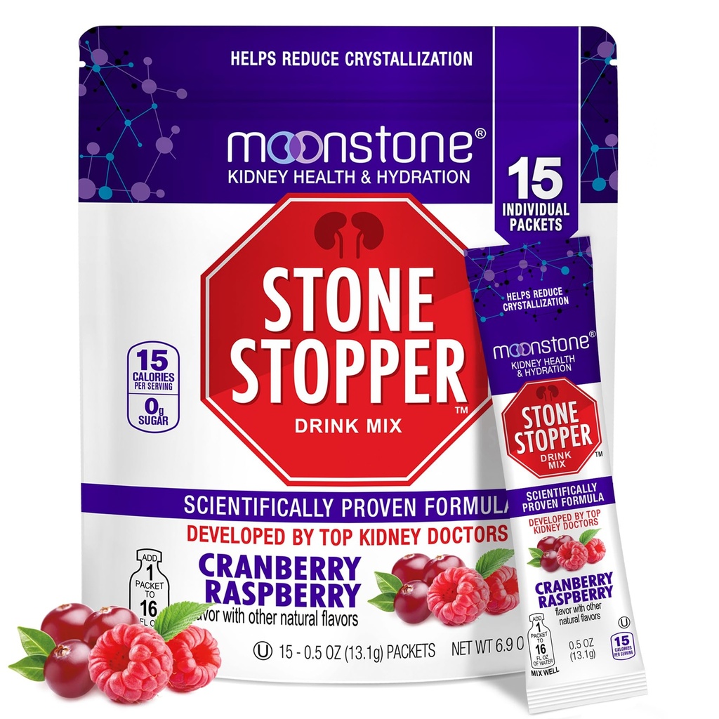 Moonstone Stone Stopper Drink Mix, Cranberry Raspberry, Rinichi de prevenire a pietrei, Calciu Oxalate Protector, Dezvoltat de Urologi pentru a îmbunătăţi hidratare şi sprijin de sănătate renală, 15 zile de aprovizionare