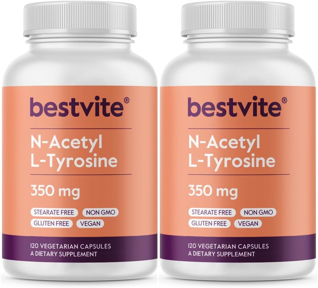 BESTVITE N-Acetil L-Tyrosine 350 mg (NALT) (240 capsule) (120 x 2) - Fără Stearet - Negree OMG-uri - Gluten