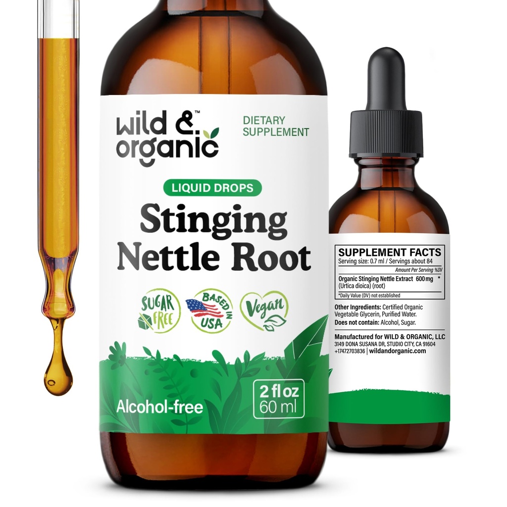 Picături sălbatice și organice Stinging rădăcină Nettle - Stinging extract de Nettle Tinctură pentru bărbați și femei - supliment Urtica Dioica lichid - Vegan, zahăr și alcool-free - 2 fl oz
