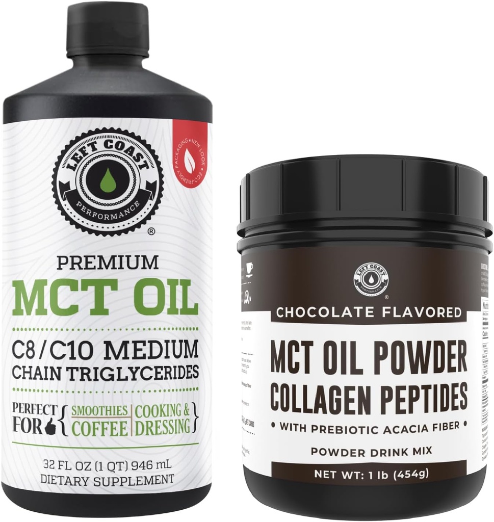Spectacol de coasta stanga 100% MCT ulei de cocos lichid, 32oz + Ciocolata Keto MCT pulbere, Colagen & Prebiotic Fiber, 16oz