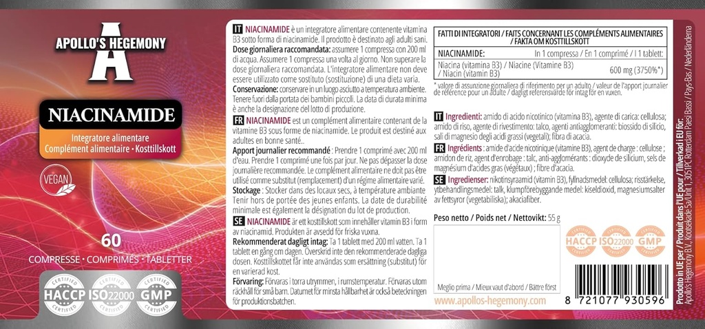 APOLLO'S HEGEMONY Niacinamidă 500 mg per comprimat - 60 comprimate Vegan - 2 luni de aprovizionare - susține energie și funcția nervoasă - Vitamina B3 Dieta Supliment
