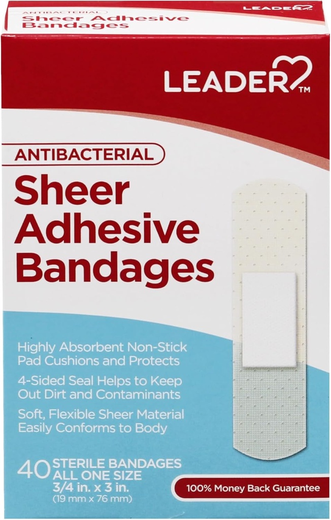 LEADER Steril pur Bandaje adezive, Latex gratuit, Blends cu pielea, ajută la prevenirea infecţiei, protecţie confortabilă pentru primul ajutor şi de îngrijire a rănilor (3/4" x 3 ," 40 Conte)