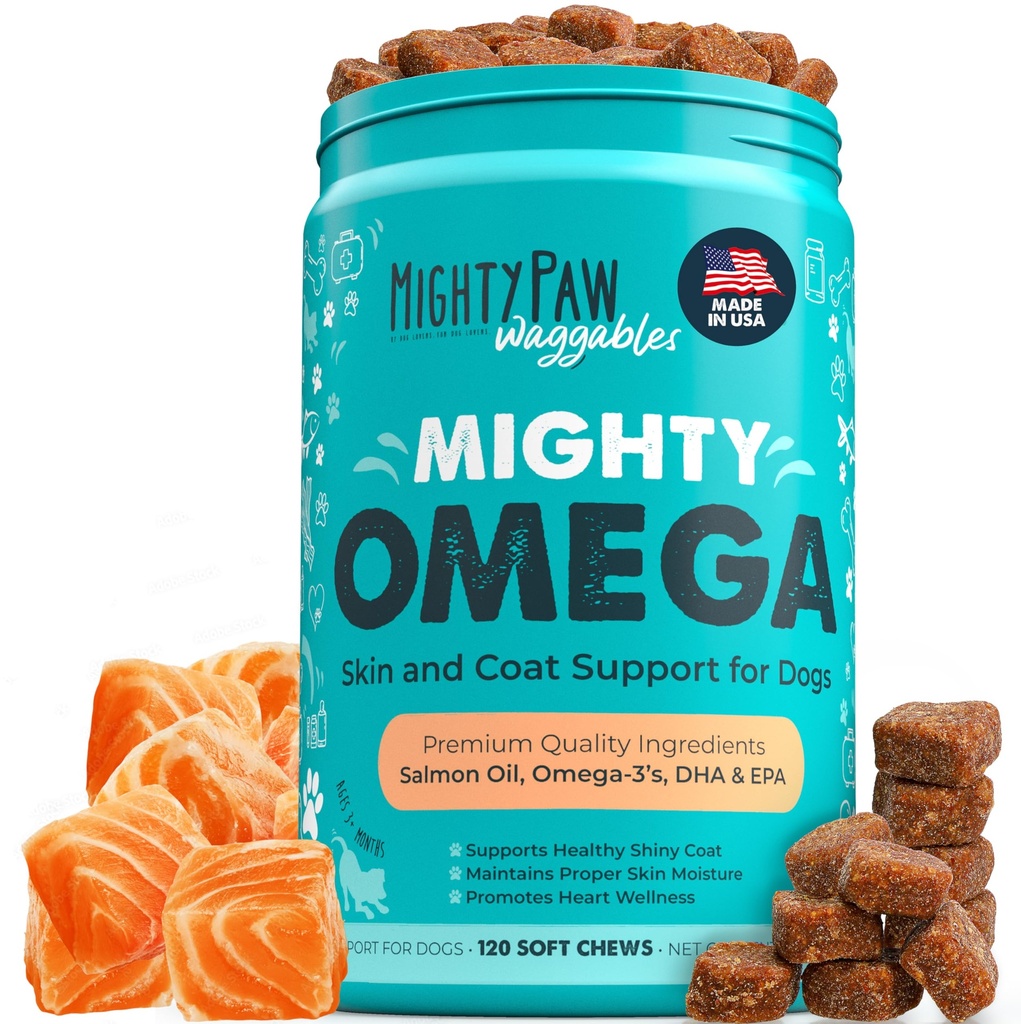 Mighty Paw Waggables Mighty Omega (Made in the USA, 120 Count)  Salmon Flavor Skin and Coat Supplement. Mesteca moale ulei de pește pentru câini - DHA & EPA, Aroma de șuncă