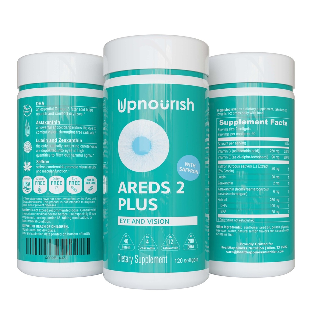 UpNurish AREDS 2 Plus Eye Vitamin Supplement, AREDS 2 Zinc gratuit Formula cu lutein, Zeaxantină, Saffron, Astaxantină & DHA - 120 softgels