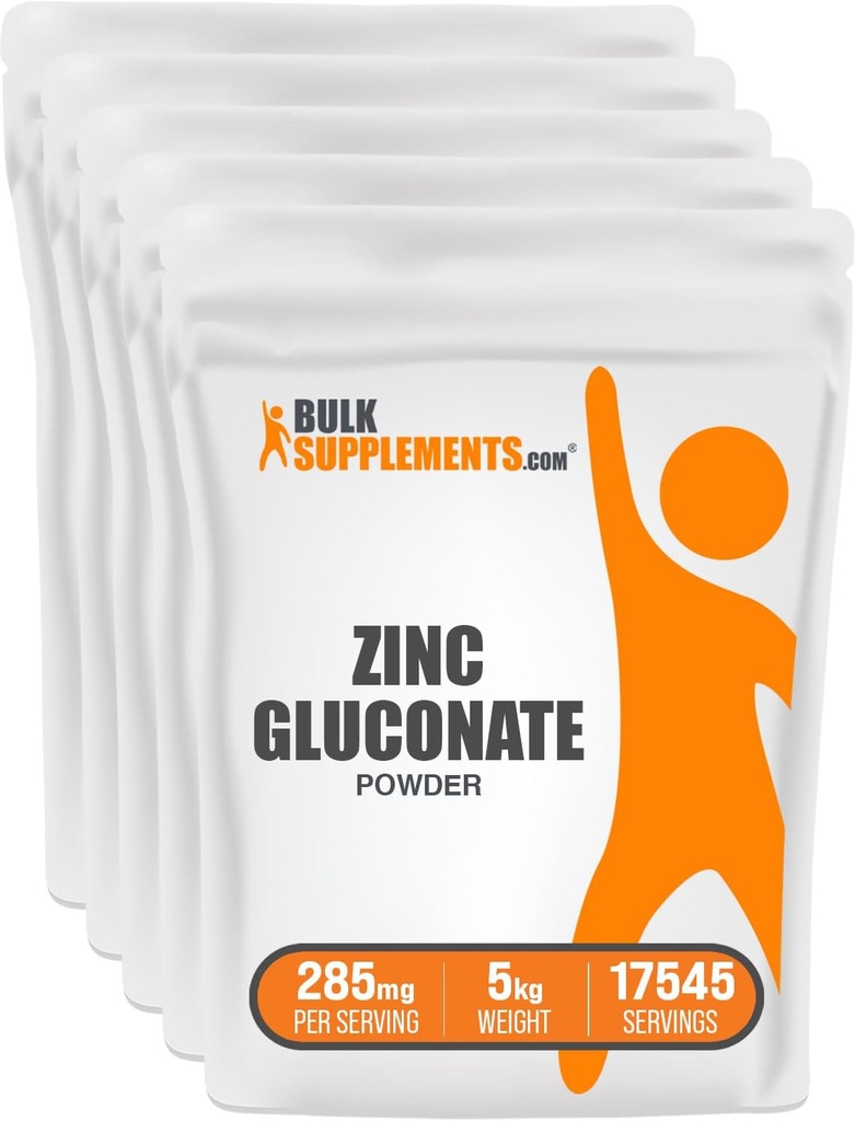 BulkSupplements.com zinc Gluconat pulbere - zinc 40 mg, zinc pulbere - Zinc supliment pentru suport imunitar - Gluten gratuit, 285 mg per Serving, 5 kg (11 lbs) (Pachet de 5)
