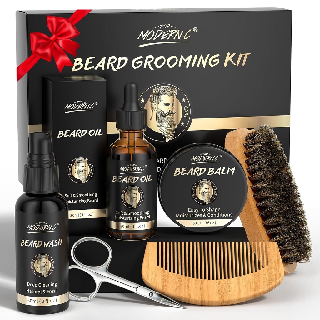 POP MODERN.C Barbă de creștere Kit barbă de formare 6pcs Barbă de spălare șampon barbă Barbă de ulei Balsam barbă Comb periuță foarfece