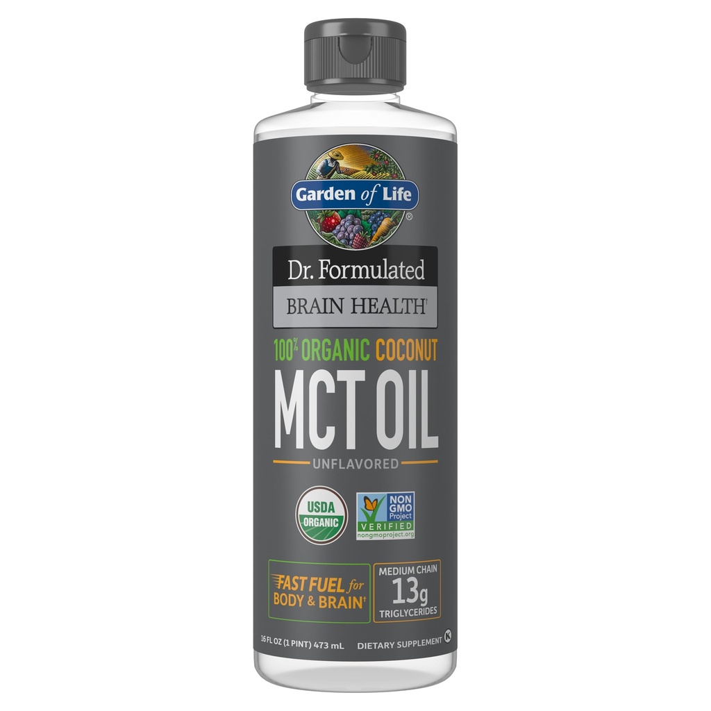 Gradina de viata Dr. Formulated Brain Health 100% Organic Coconut MCT Ulei 16 fl oz Unflavored, 13g MCTs, Body & Brain Fuel, Certified Non-GMO Vegan & Gluten Free, Hepane-Free