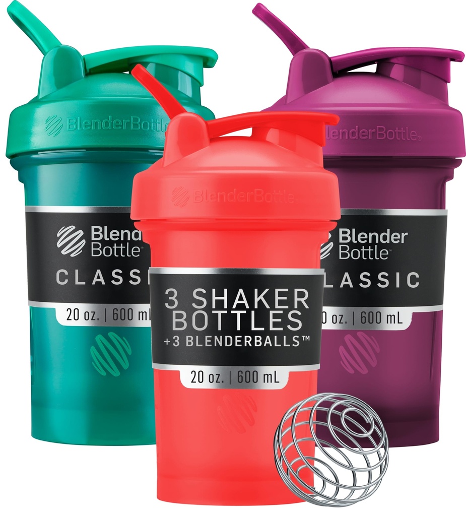 BlenderBottle Classic V2 Shaker Sticla Perfect pentru Shake-uri de proteine și Pre Workout, 20-Ounce (3 ambalaj), roșu, verde, prune