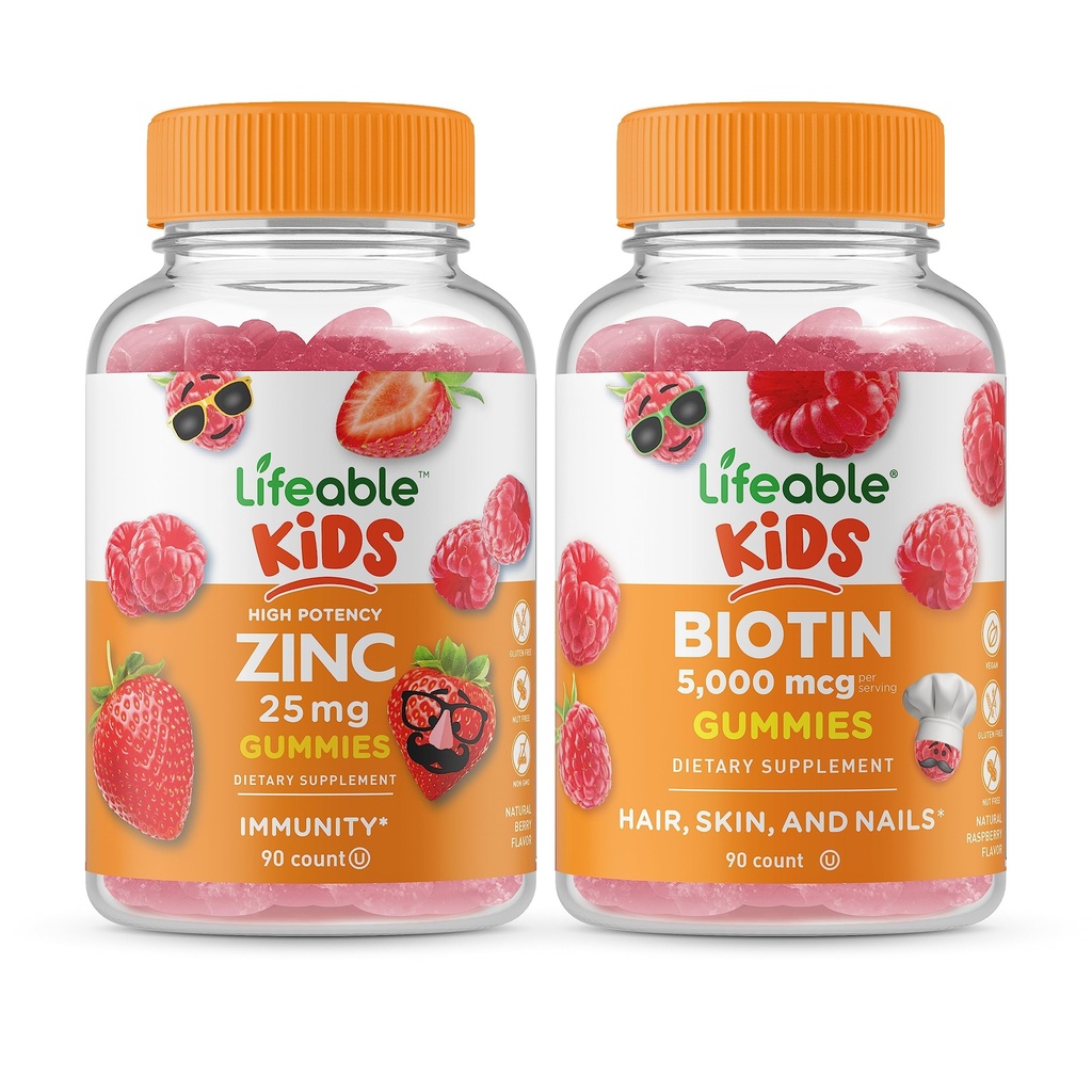 Zinc de viață 25mg Copii + Biotin Copii, Gume Bundle - mare Tasting, Suplimentul de vitamine, Gluten gratuit, OMG gratuit, Guma de mestecat