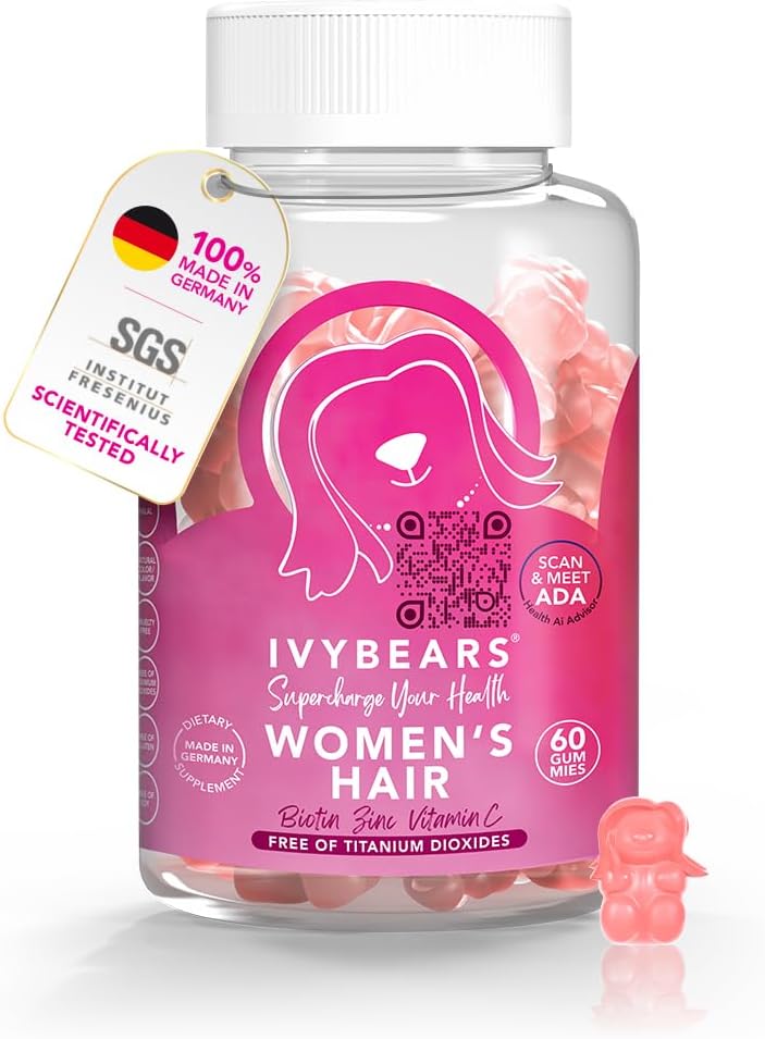 IvyBears Femeie de păr Vitamina Gummies cu Complex Biotin, Colagen, Acid folic, Vitamina B7, și Keratina pentru păr, Piele și unghii - Cresterea parului Vegan & 100% Vitamina Boost - 60 Conte, 1 lună de aprovizionare