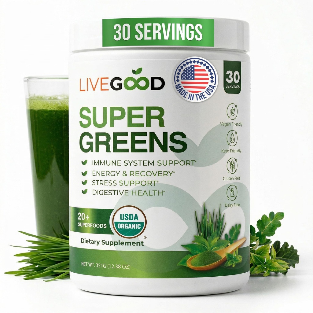 LiveGood Super Greens Powder Superfood organic cu wheat Grass Powder, Daily Superfood Powder for Immune Support, Energy and Detox, Green Juice Powder Supplement (30 Servings), 12.38 Oz