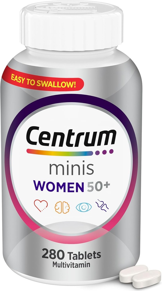 Centrum Minis Multivitamine pentru femei de argint 50 Plus, Supliment multimineral cu vitamina D3, B Vitamine, Ingrediente non-GMO, Suporturi Memorie si Cognitie la adulti mai mari - 280 Ct