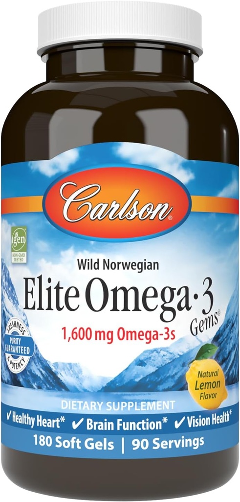 Carlson - Elite Omega-3 Gems, 1600 mg Omega-3 Inclusiv EPA și DHA, Norvegiană, Wild-Caught Fish Oil Supplement, Sustainable Sourced, Lemon, 180 Softgels