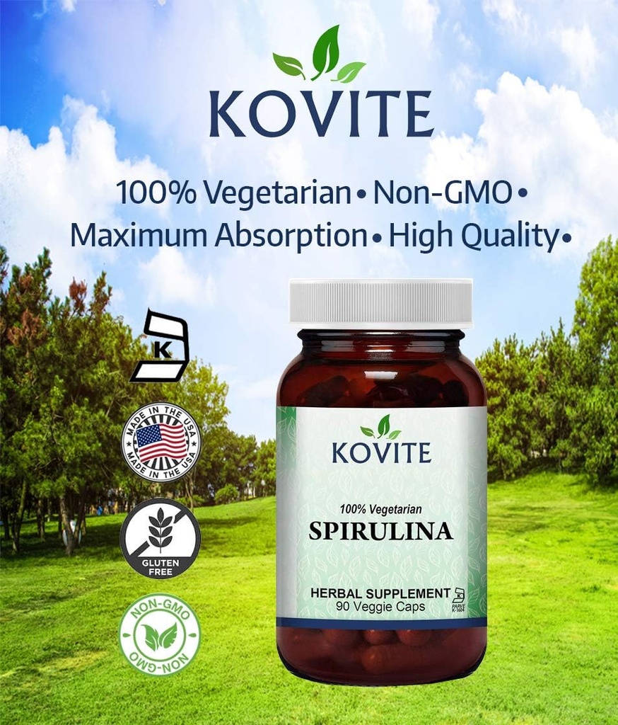 Capsulele Spirulina - 90 Capsule vegetale - are 450 mg de pulbere organică Spirulina - Kosher & Vegan