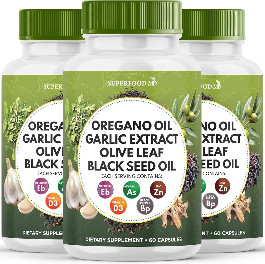 Ulei Oregano Ulei de usturoi extract de frunze de măsline negru ulei de semințe Astragalus - Suplimentul de sprijin imun pentru femei și bărbați - 180 Conte