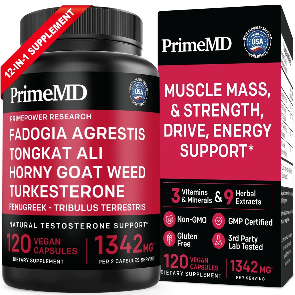 PrimeMD 12-in-1 Fadogia Agrestis și Tongkat Ali - Testosteron Supliment pentru bărbați cu Turkesteron - HornyGoatWeed pentru bărbați pentru general bine-Fiind cu 1342 mg per servire (120 capsule) (Pachet de 1)