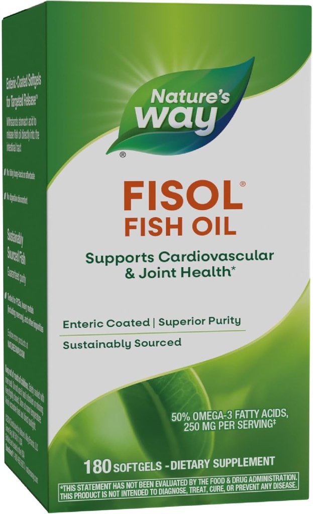 Natura's Way Fisol Fish Oil, Enteric Coated, Supports Cardiovascal and Joint Health*, Mega Potency Omega-3s, 180 Softgels (Packaging May Vary)