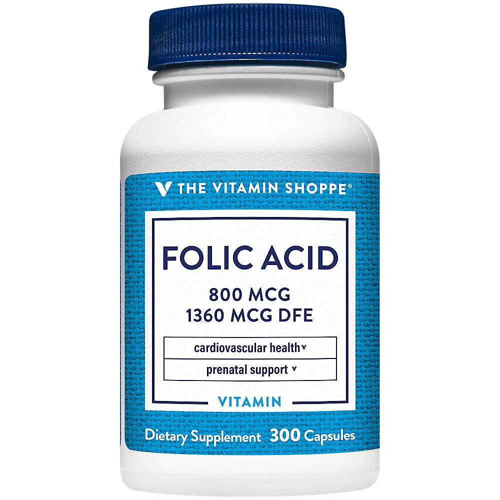 Acid folic de vitamina Shoppe 800MCG, susţine dezvoltarea prenatală şi fetală (300 capsule)