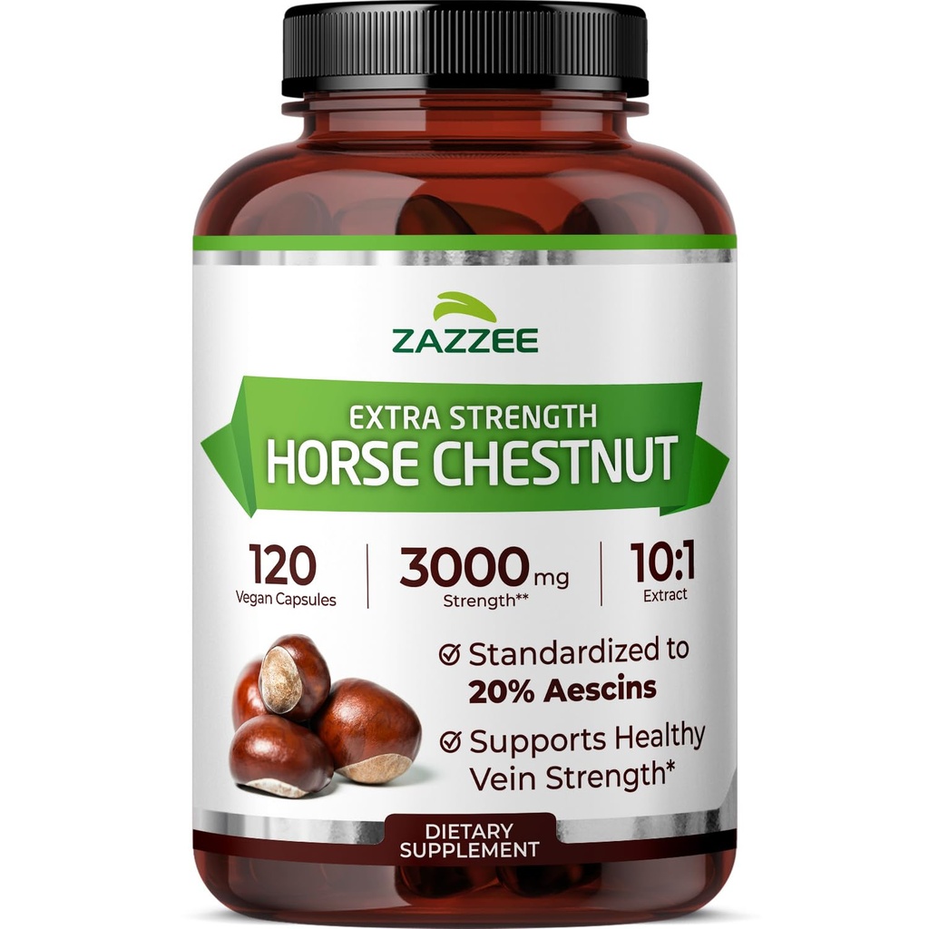 Zazzee Extra Force Horse Chestnut 10:1 Extract, 3000 mg Putere, 20% Aescine, 4 Luna de aprovizionare, 120 Vegan capsule, concentrat și standardizate 10X Extract, All-Natural, Non-GMO, Made in the USA