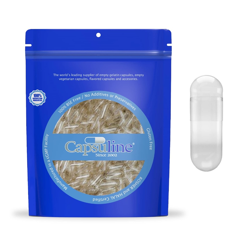 Capsulin Dimensiune 00 - Capsule de gelatină goale clare - 5000 Conte - capsule goale cu pilulă de gel - DIY Capsule pure cu pilulă bovină - Capace goale - Kosher, Gluten gratuit și Halal Certified Clear