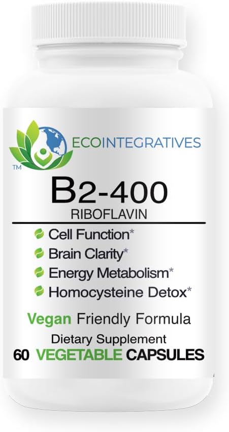 B2-400 Riboflavină pură - Sistem nervos Sănătate, Homocisteină Detoxifiere, Cardiovasculară, Ajută la stimularea energiei, Clarității mentale, funcției metabolice și a celulelor (60, neflavorizată)