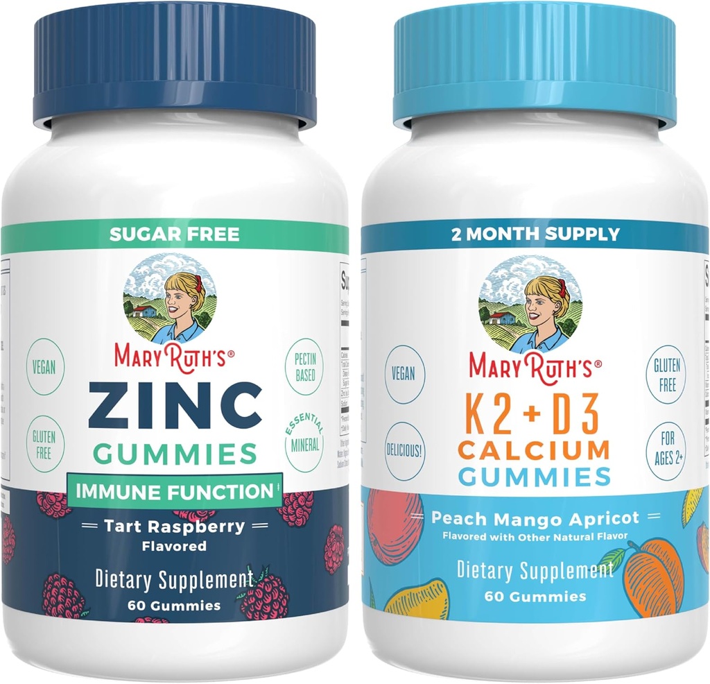 MaryRuth Organics Zinc (Tart Raspberry) & Vitamina K2+D3 Gume de calciu (Peach Mango & Apricot) 