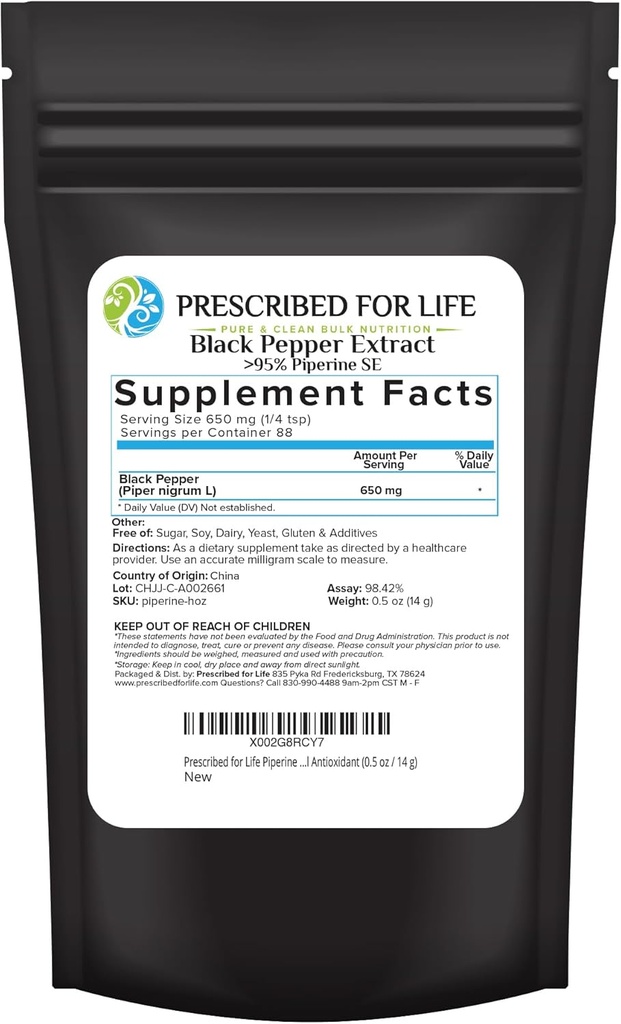 Prescribed For Life Piperine Powder, 95% Black Pepper Extract pulbere, Boots Nutrient Absorbtion, Gluten Free, Vegan, Non OMG, Natural Antioxidant (0,5oz / 14g)