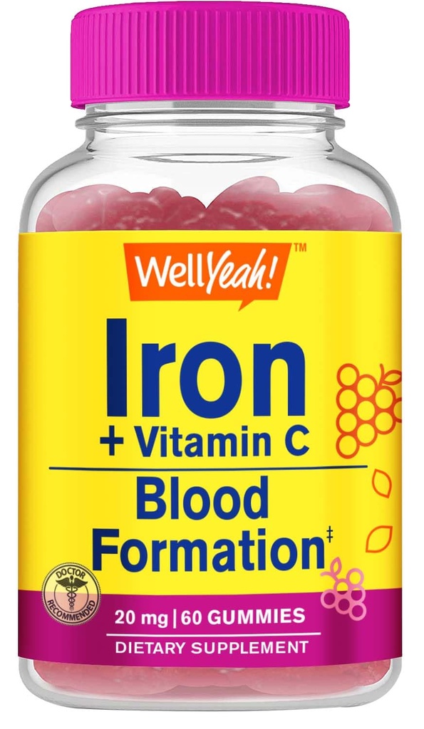 Ei bine, Gumiile de fier cu vitamina C - Anemia şi suportul energetic Cellular, promovează formarea celulelor roşii din sânge - Energie şi sistemul imunitar de sprijin - aroma de struguri naturale-60 Gume