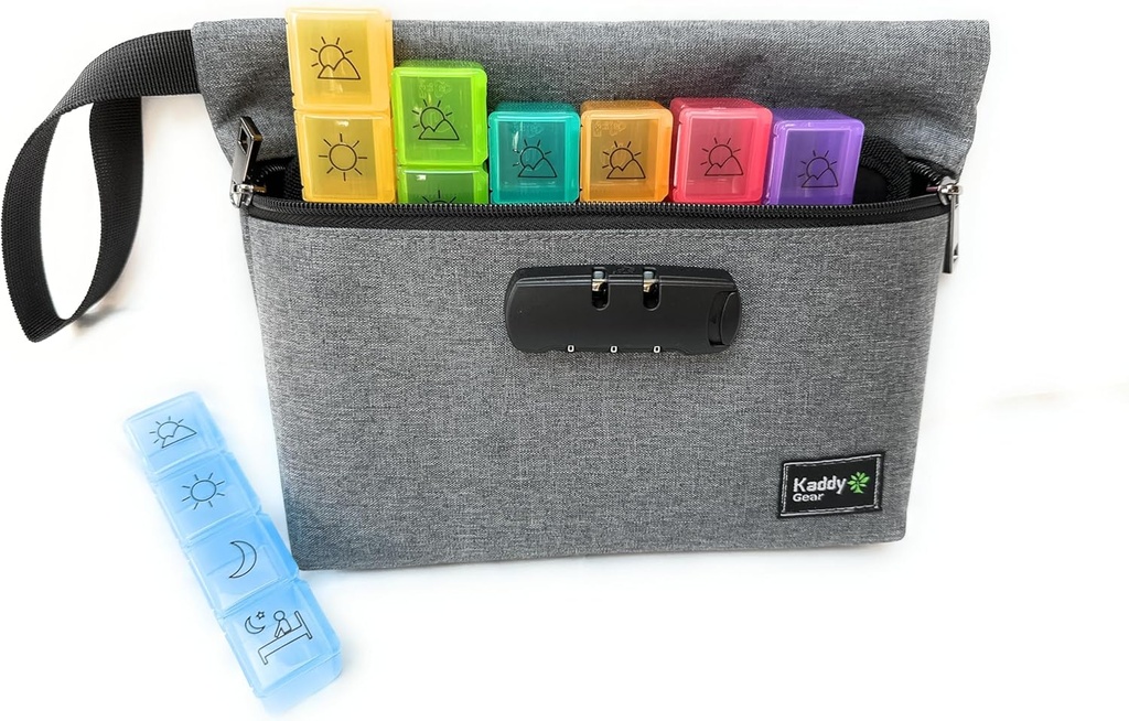 Kaddy Weekly AM/PM Security Pill Organizator Box, (7-Day / 4-Times-A-Day) Portable Travel cu Compartimente mari pentru medicamente, suplimente și vitamine, 3 Digit Lock pentru siguranță