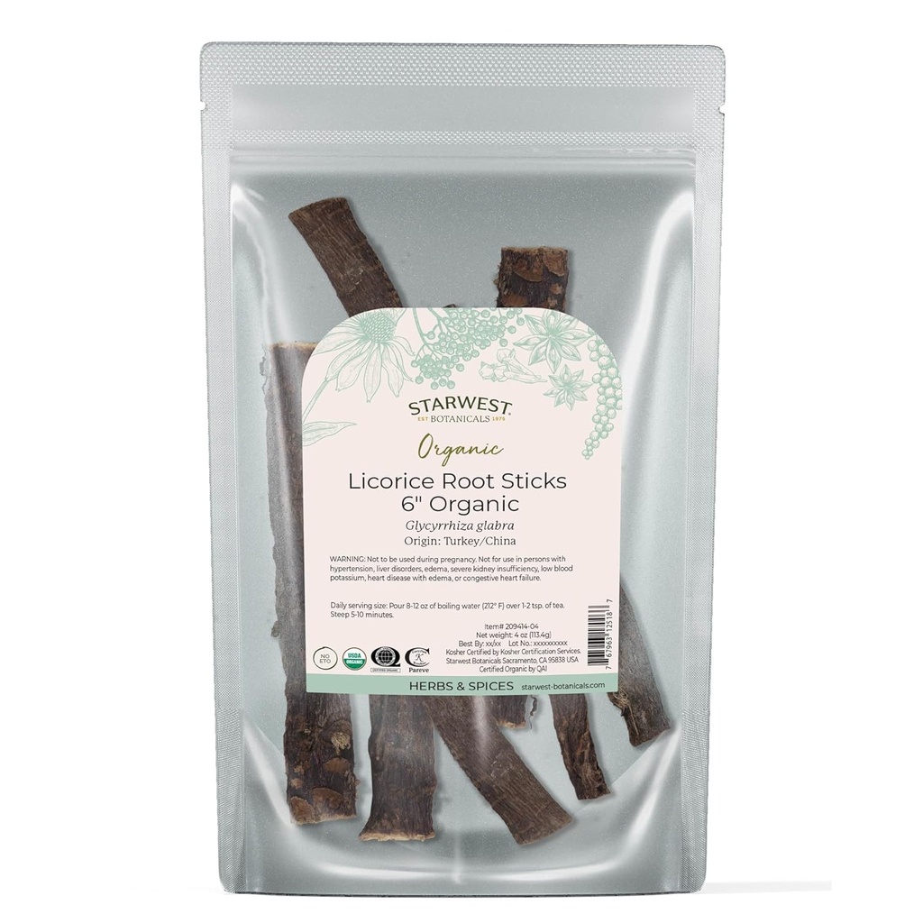 Starwest Botanicals Organic uscate Licorice Root Sticks 6" - Herb pentru Loose Leaf Ceai Blends, Candy, & Baked Goods, Cut & Sifted, Certified Kosher, Non-GMO - 4 oz Pouch