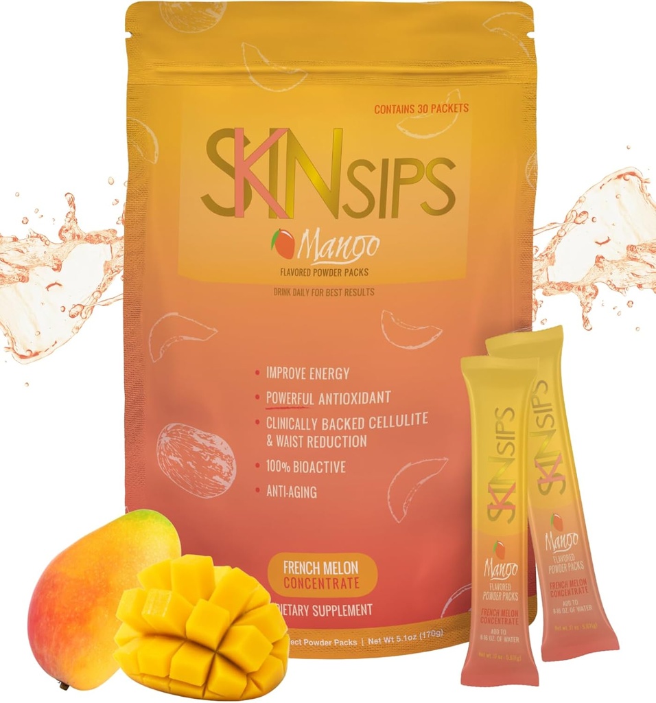 Skin Health & Energy Boost Drink Mix- Sugar Free, SOD B (TM), Antioxidanti din Concentrul Melon Francez, Pe Packs Go Stick, Mango, 30 Pack