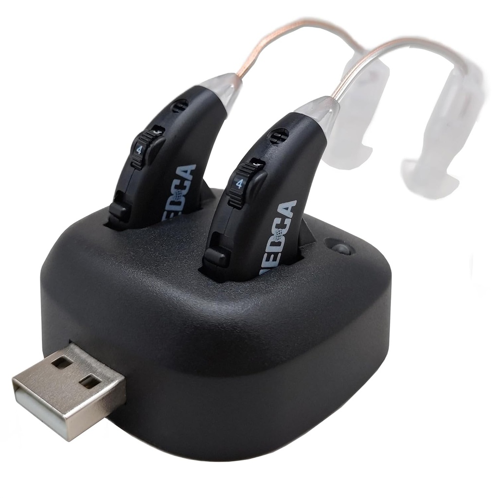 Amplificatoare auditive digitale - Reîncărcabil Premium BTE Personal Sound Amplifier Pereche cu Dock USB, În spatele dispozitivelor de îmbunătățire a auzului cu viață lungă de baterie, negru