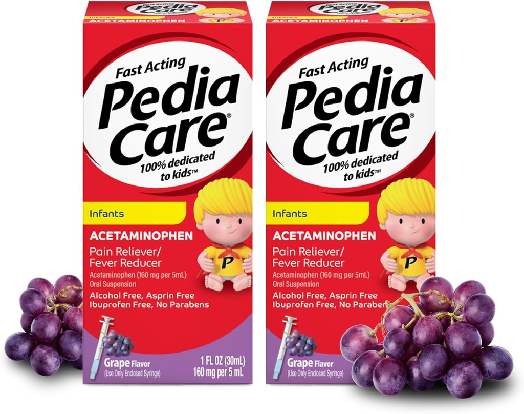 Sugari Acetaminofen Suspensie orală Lichid, Durere infantilă cu acţiune rapidă Relieiver/Reductor de febră cu Seringă Easy-to-Use, Zero Alcool sau Aspirină sau Ibuprofen, Aroma de struguri, 1 fl oz (2 ambalaj)