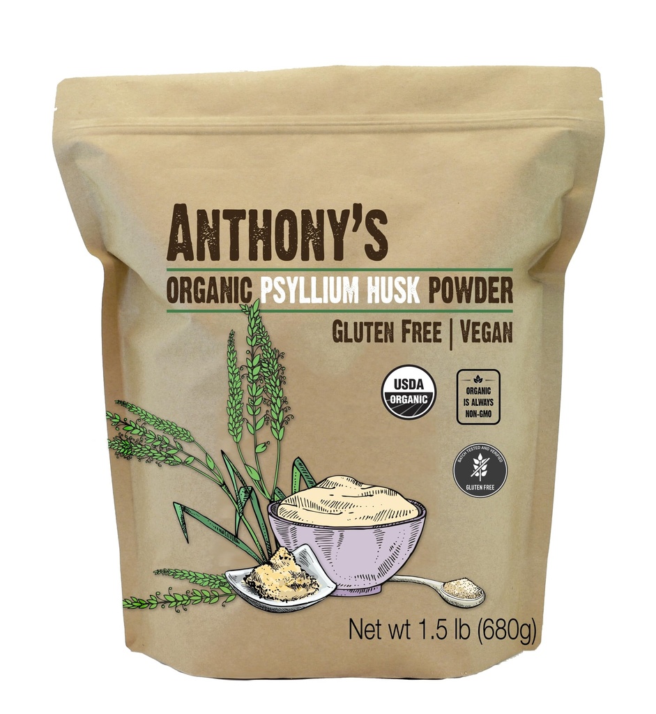 Psyllium Husk Powder organic Anthony, 1.5 lb, Gluten Free, Non OMG, Finely Ground, Keto Friendly