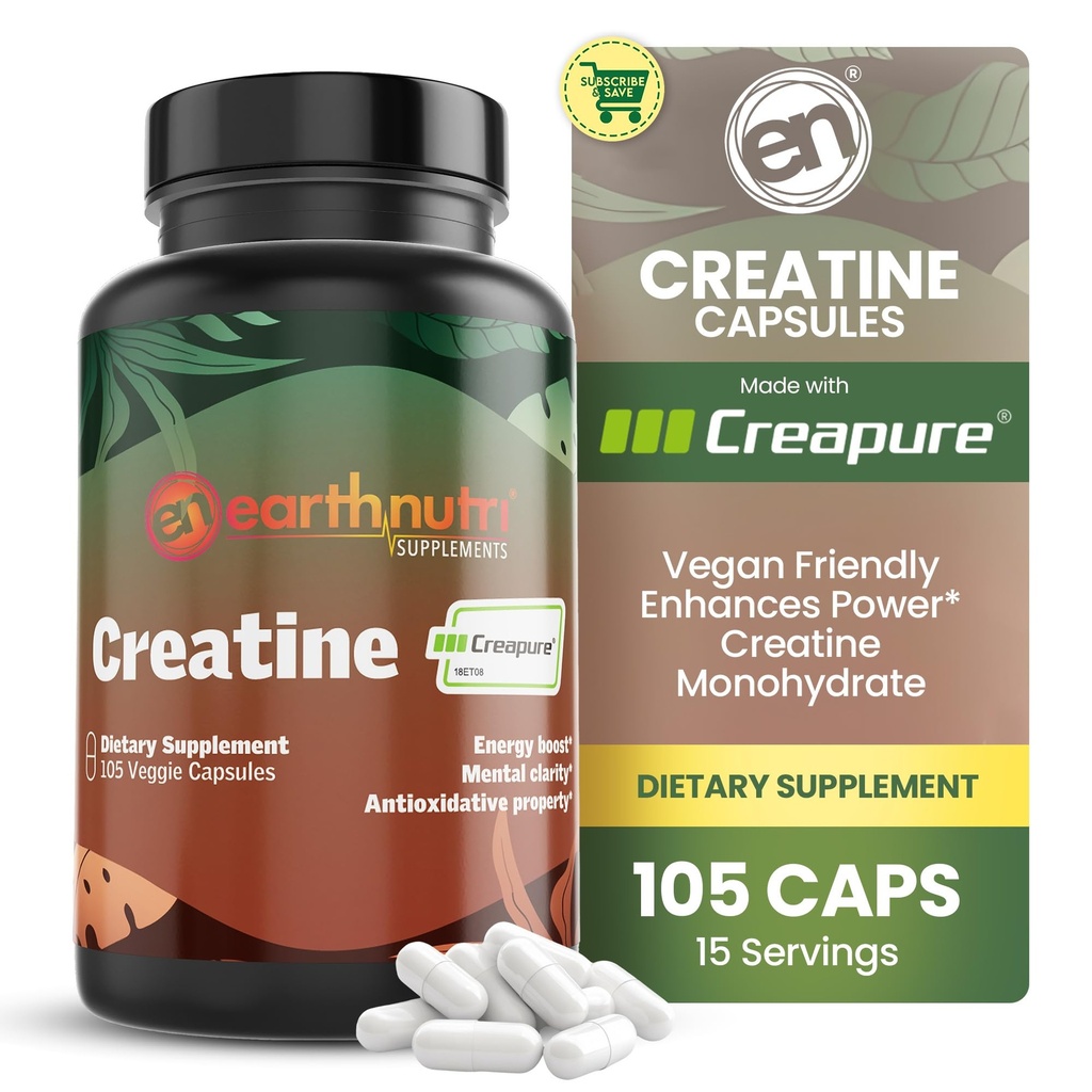 EarthNutri Creatine Capsule monohidrate - Micronizate pentru o mai bună absorbţie - Susţine forţa musculară, puterea şi recuperarea - 105 capsule (5000 mg per Serving, 7 capsule)