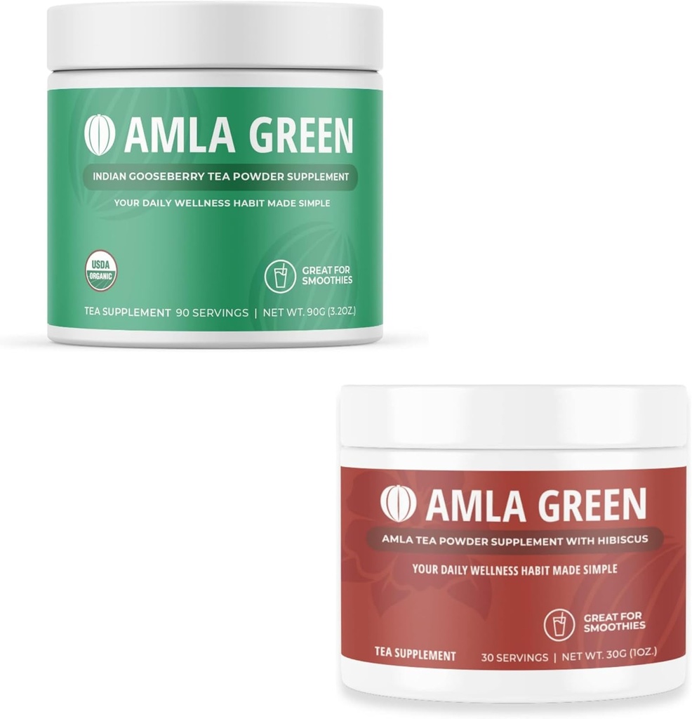 Amla Powder & Green Tea Superfood Supplement, Antioxidant Support, Made with Indian Gooseberries (90 portii) & Hibiscus (30 portii), Organic, Vegan