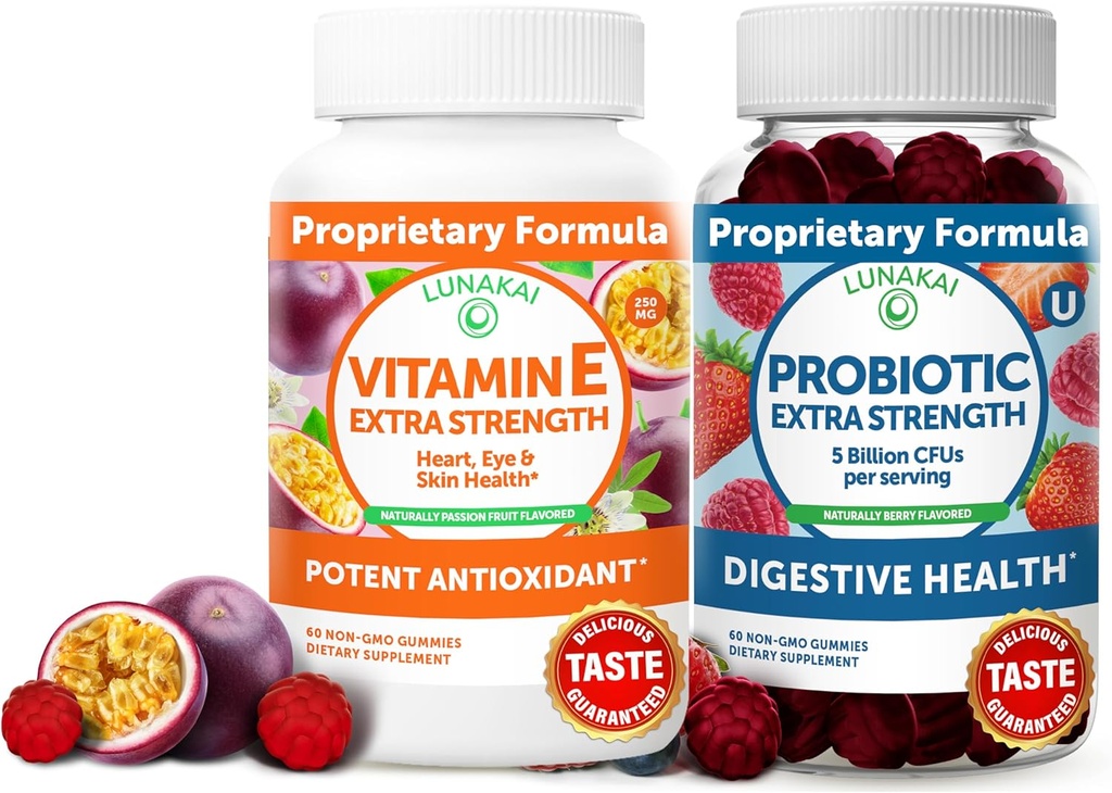 Lunakai Vitamina E si Gumiile Probiotice Bundle - 3000 mcg Gummies pentru adulti Suport energetic - cu 5 miliarde de CFU per servire pentru sanatate digestiva - non-GMO, toate naturale