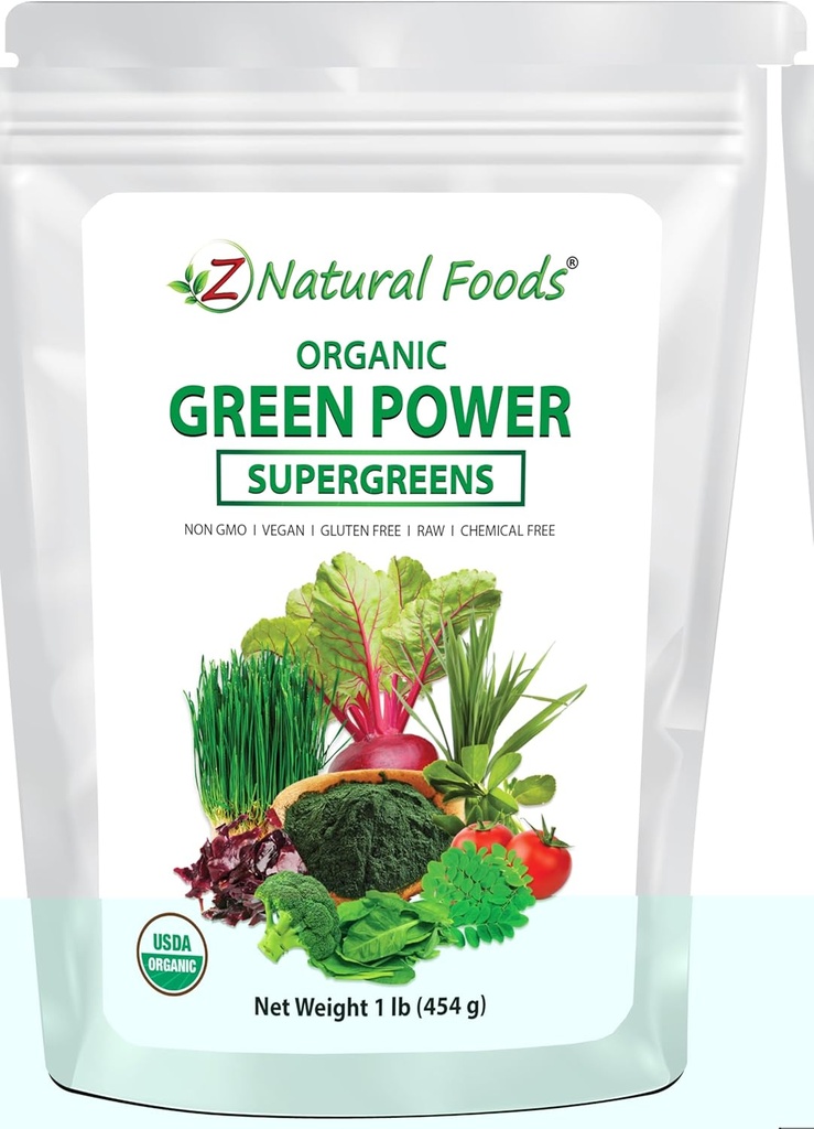 Z Natural Foods Greens Organic Superfood Powder - Barley Grass, Wheatgrass, Spirulina, Spanac, Broccoli, Alfalfa Leaf, Beet Root, Tomato, Dulse & Moringa - Raw Vegan Gluten Free - 1lb