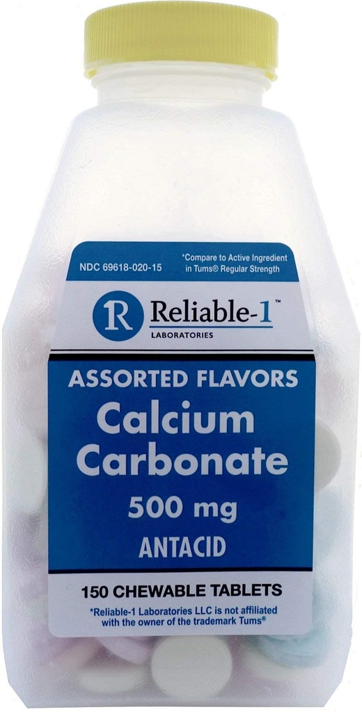 Calciu 500 mg Generic pentru Tums Asortate tablete aromate masticabile de fructe Concentrație regulată Antiacid pentru acid indigestie, arsuri la stomac, acru 150 comprimate masticabile per flacon de 4