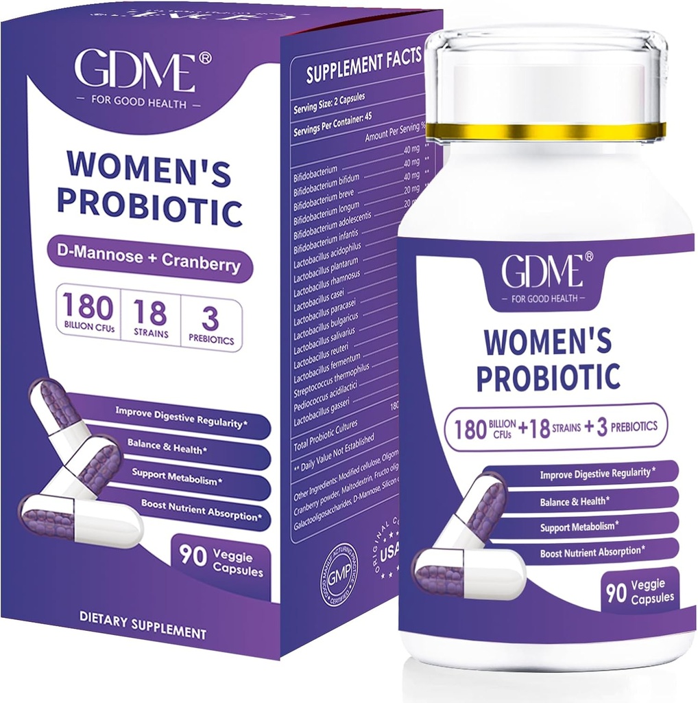 Probiotice 180 Miliarde CFU 18 Tulpini conține prebiotice organice Cranberry Probiotic Supliment Digestia Imunitate pentru Sănătatea Femeilor, fără soia Gluten lactate gratuit 90 capsule vegetariene