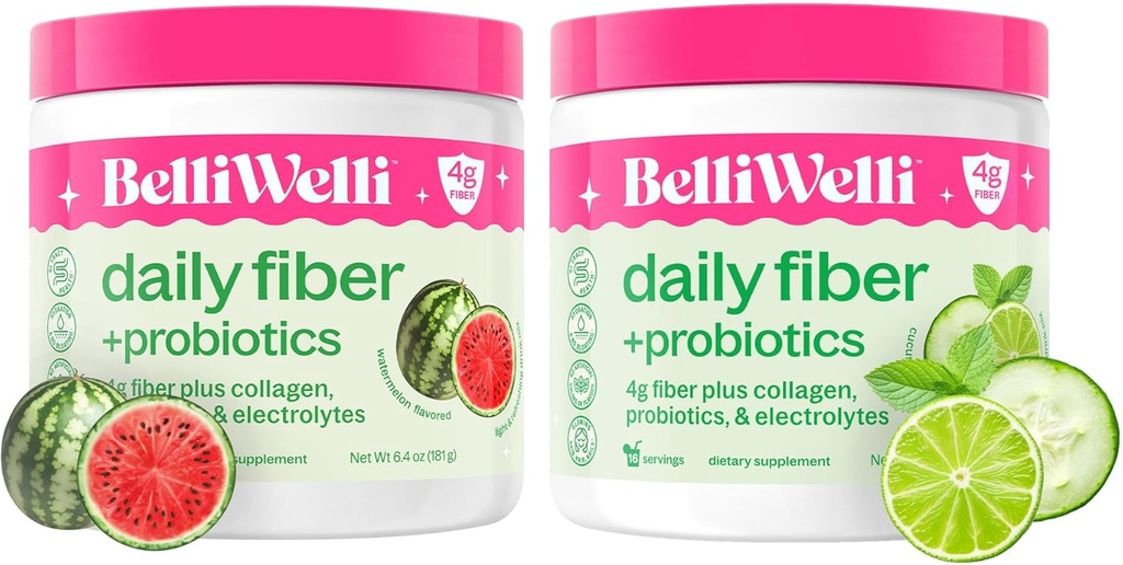 Belli Welli Daily Fiber Supplement Bundle - Castravete Menta de var si pepene verde - cu colagen, Probiotice si Electroliti - Arome revigorante Wellness, 32 Total Serviri