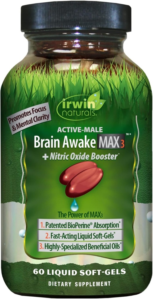 Irwin Naturals Brain Awake Max3 + Oxid de azot Booster 60 lichid Softgel
