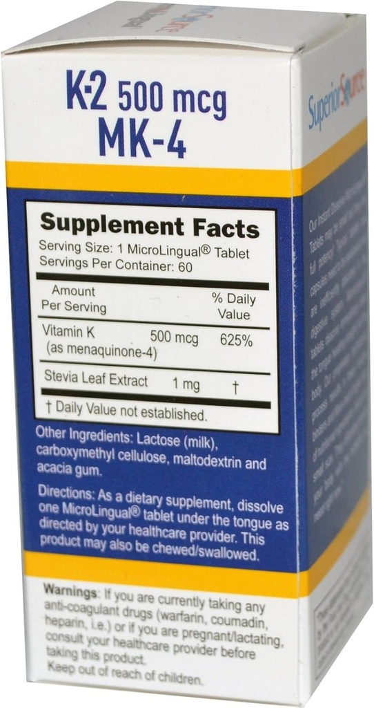 Sursă superioară Vitamina K-2 500 mcg (MK- 4) 60 Comprimate sublinguale