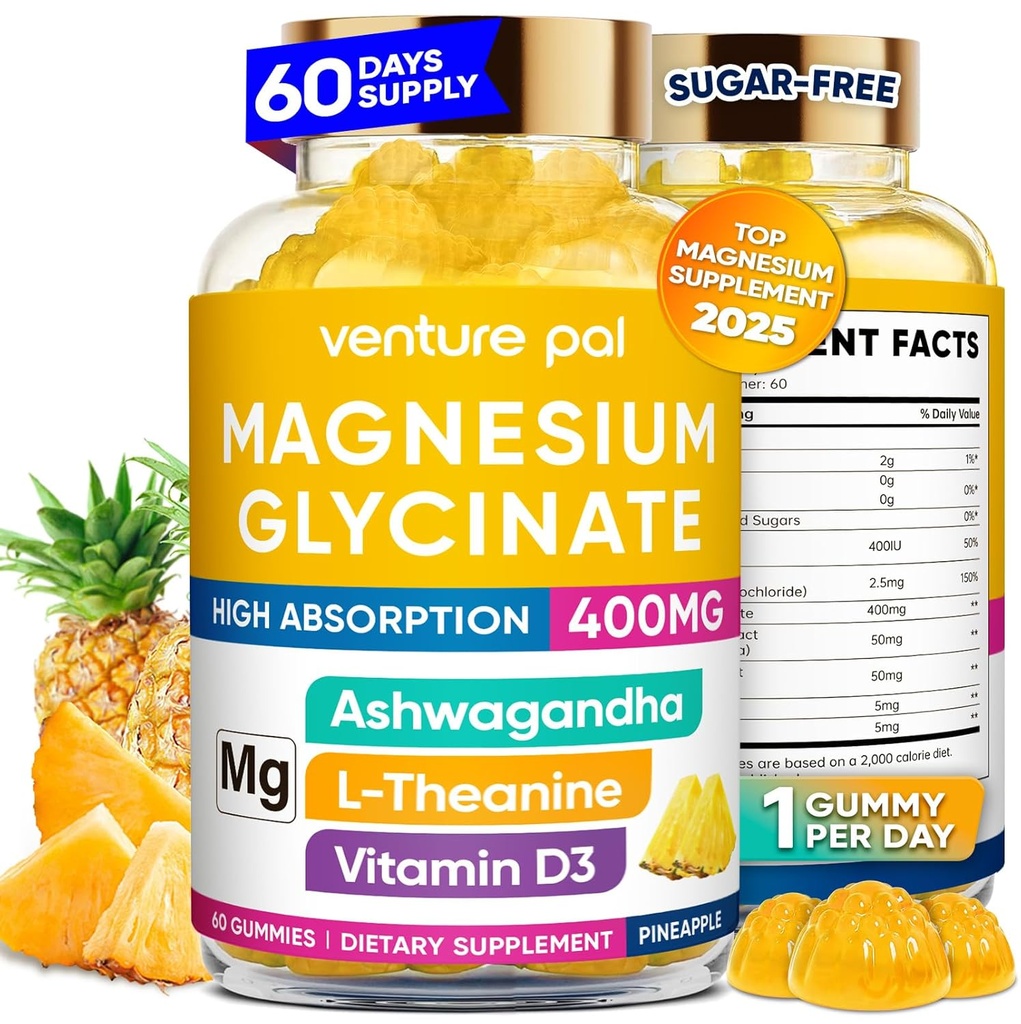60 zi de aprovizionare Magneziu Glicinat 400mg Gume cu Ashwagandha, L-Teanină, CoQ10, Vitamina D3 & B6, Gume de magneziu gratuite de zahăr pentru adulți și copii, ajutor de stres, somn & calm, Vegan, gluten gratuit
