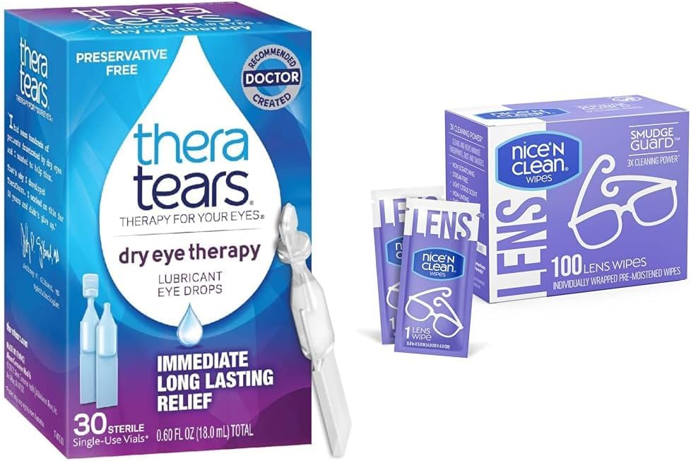 TheraTears Dry Eye Therapy Picături de ochi Lubricant, Conservative Free, 30 Flacoane & Nisa 'N Clean SmudgeGuard Lens Curățarea șervețelelor, 100 Șervețele